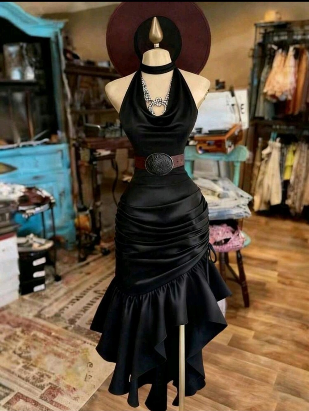 Black Halter Ruched Midi Dress -SMALL